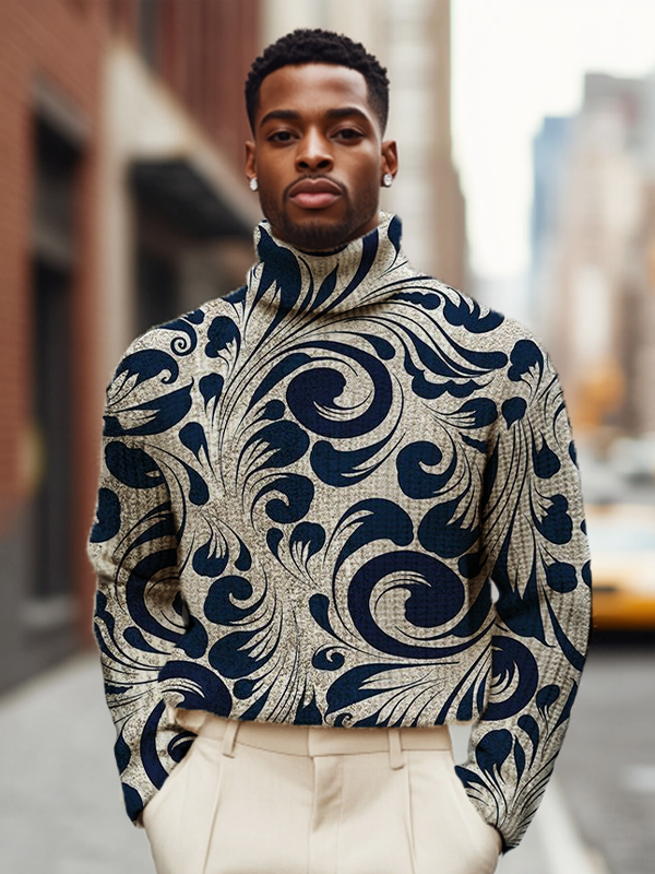 Men's Retro Abstract Flowers Print High Neck Knit Sweatshirt