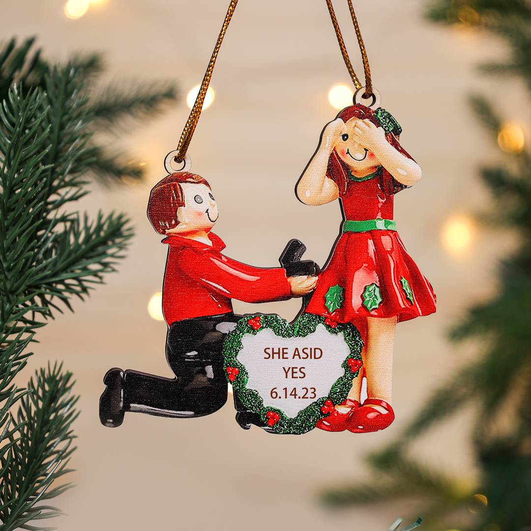 Personalized Engagement Christmas Ornaments Custom Text & Date Wooden