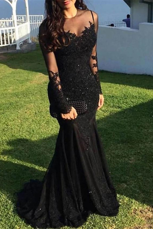 Bellasprom Mermaid Evening Dress Lace Appliques Black Long Sleeves Bellasprom
