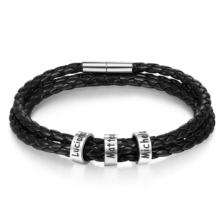 Personalized Mens Leather Braided Bracelet Custom 3 Names Multi-Layer Bracelet Black Gift For Him