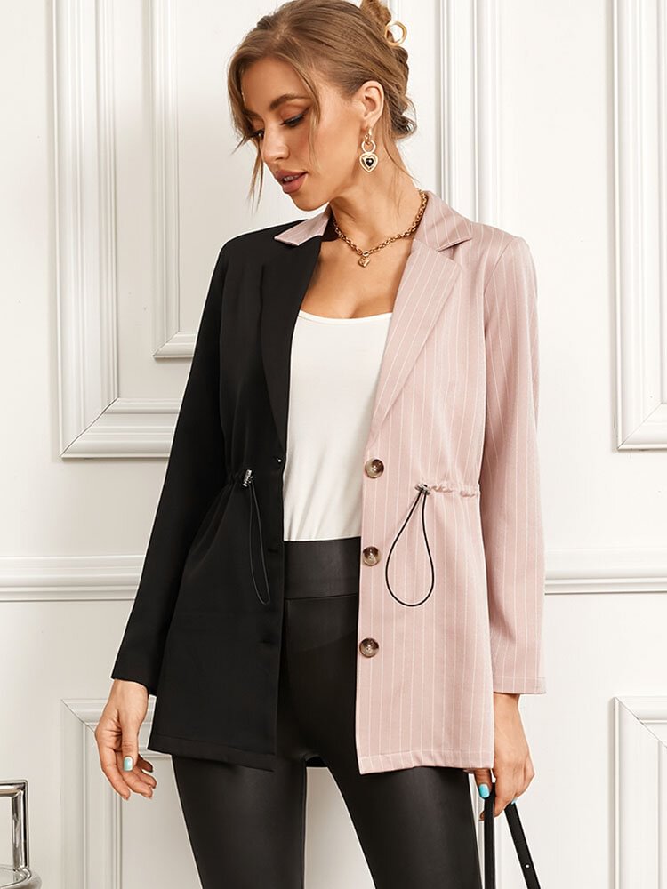 Contrast Color Stripe Button Drawstring Waist Lapel Blazer