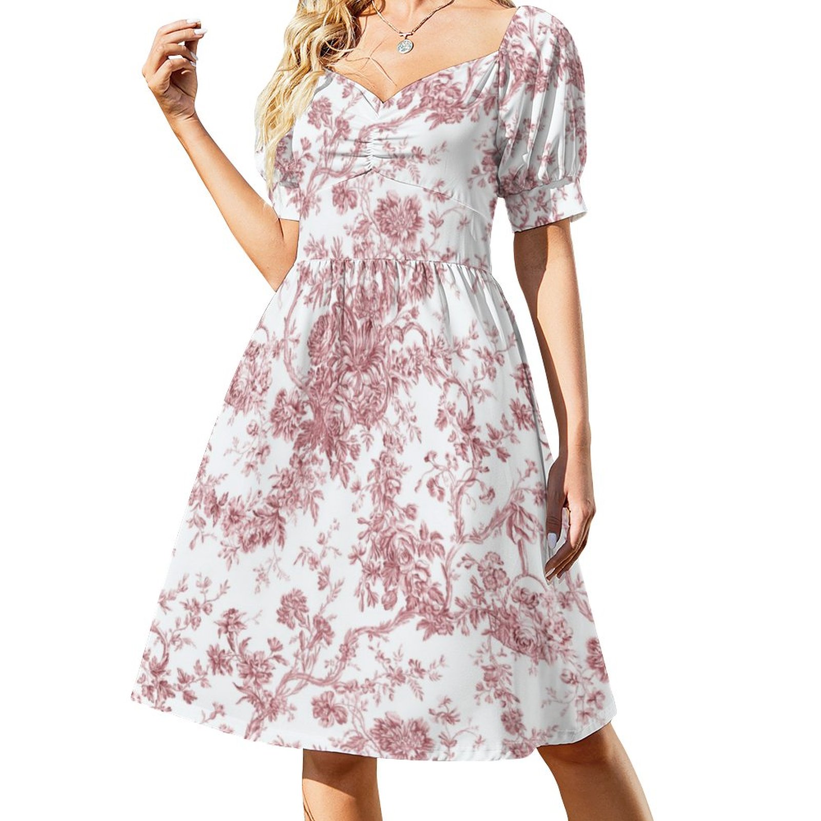 Elegant Vintage French Engraved Floral Toile Pink Dress Women Boho High Waist Flared Puff Sleeve Cute Sweetheart Midi Dress Pink & Floral-5XL