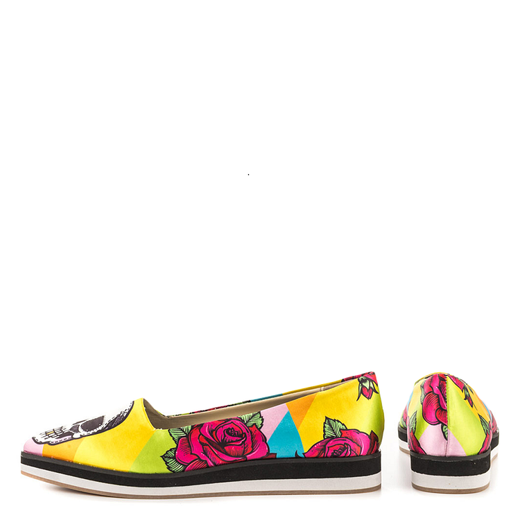 Yellow Floral and Skull Printed Pointy Toe Casual Shoes for Women |FSJ Shoes