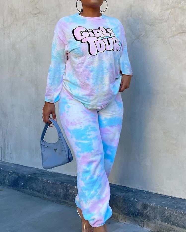 Letter Print Tie Dye Top & Pants Set - Shop Trendy Women's Clothing | LoverChic