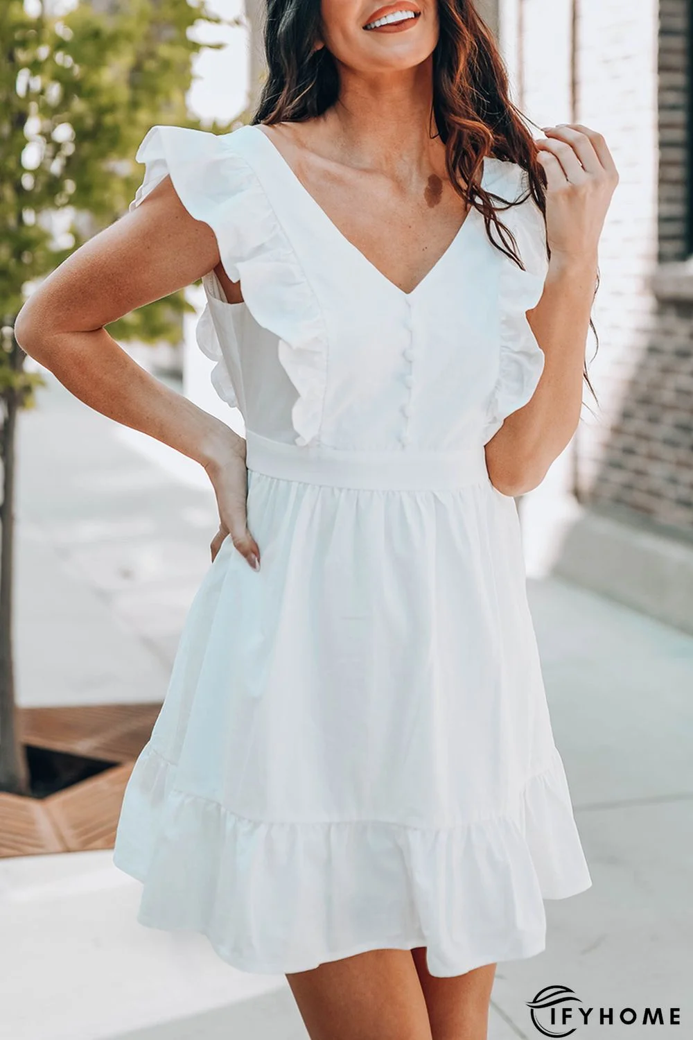 White V Neck Ruffles Open Back A-line Mini Dress | IFYHOME