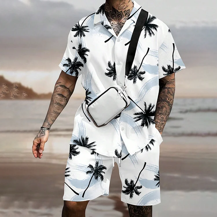 Comstylish Hawaiian Vacation Palm Tree Printed Short Sleeved Two Piece Set