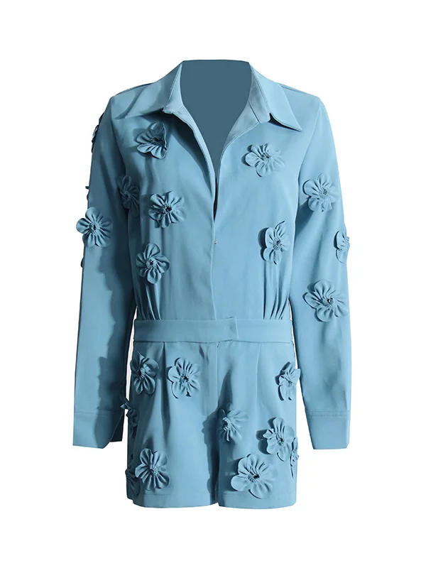 High Waisted Long Sleeves Solid Color Three-Dimensional Flower Lapel Rompers