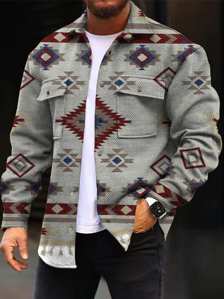 Fashion Grey Simple Geometric Print Men's Woolen Sport Jacket