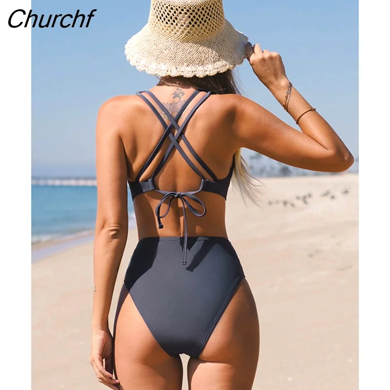 Churchf Back Bralette And Cheeky High Waist Bikini Set For Women V Neck