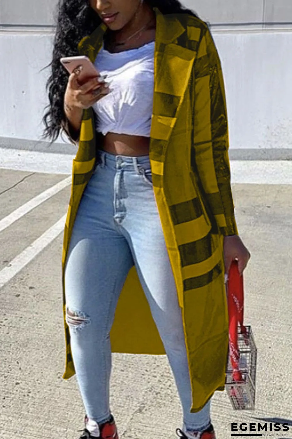 Yellow Fashion Sexy Adult Plaid Print Patchwork Turndown Collar Outerwear | EGEMISS