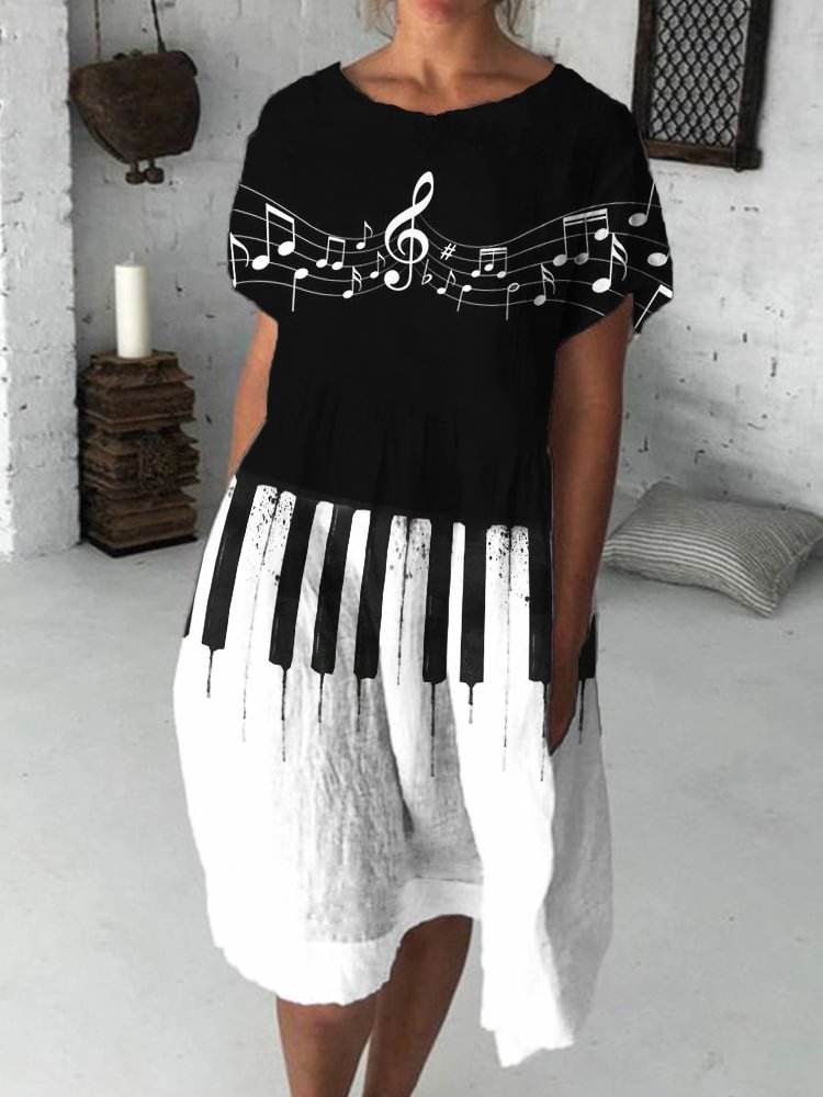 Comstylish Music Notes & Piano Keys Contrast Midi Dress