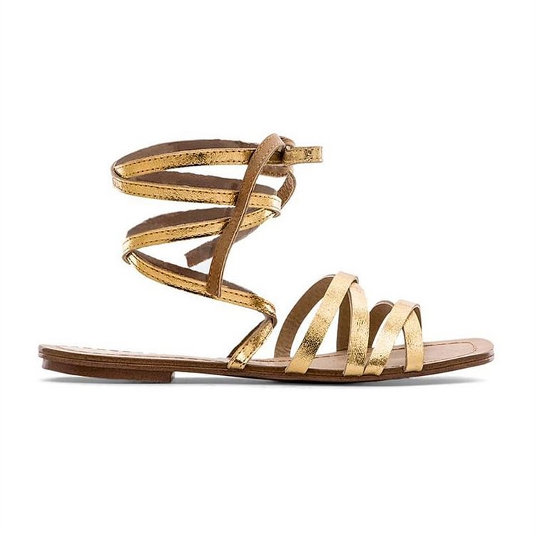 Golden Gladiator Sandals Open Toe Comfortable Flats Strappy Shoes |FSJ Shoes