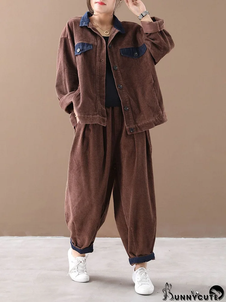 Plus-Size Women Autumn Vintage Coat + Harem Pants Sets