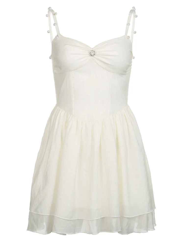 ABEBEY-White Pearls Strap A-Line Dress