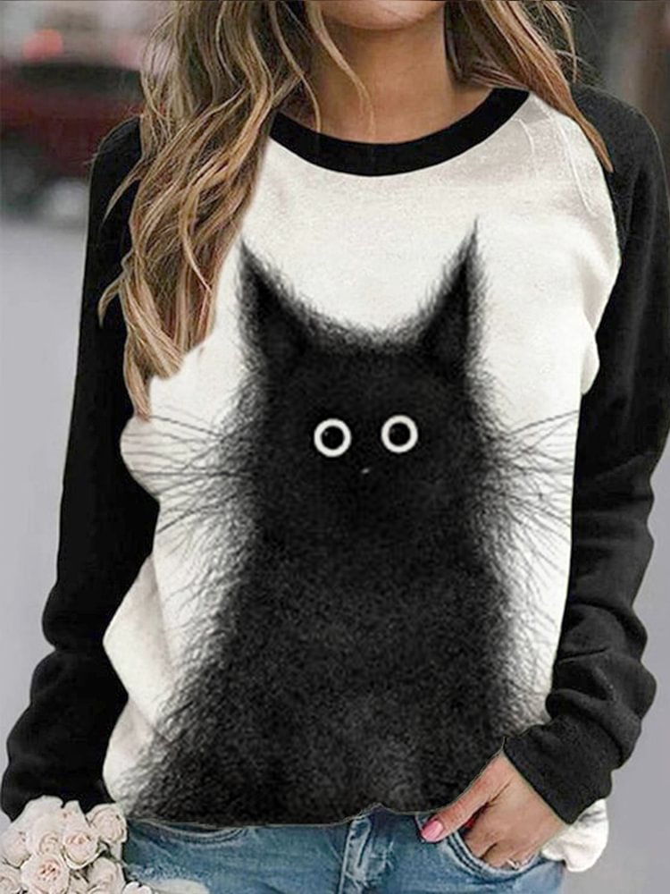 Comstylish Black Cat Print Long Sleeve Casual Sweatshirt