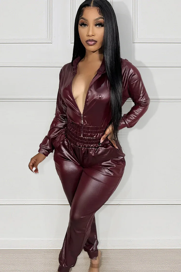 PU Leather Zip Hooded Crop Jacket Jogger Leg Pants Matching Set-Green