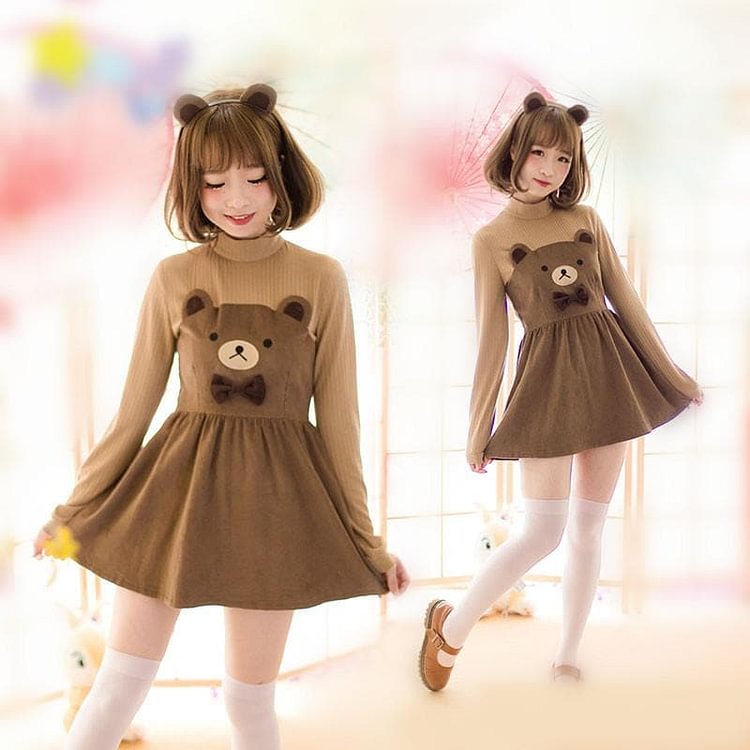 S/M/L Brown Kawaii Bear Pattern Long Sleeve Dress SP166065