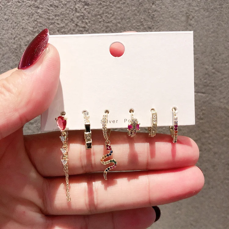 Set of 6 Snake Color Zirconium Chain Asymmetric Earrings