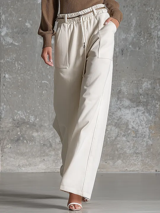 Women's Drawstring Beige Wide-leg Pants MD