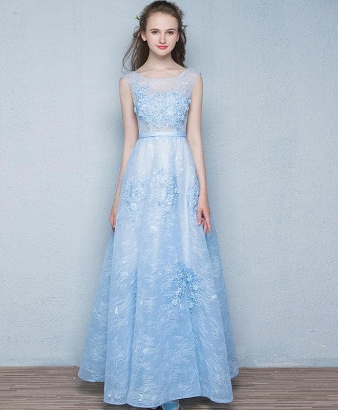 Light Blue See Through Tulle Long Prom Dress, Lace Evening Dress