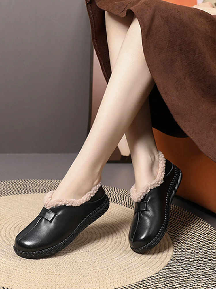 Women Winter Vintage Fleeced Leather Flat Shoes