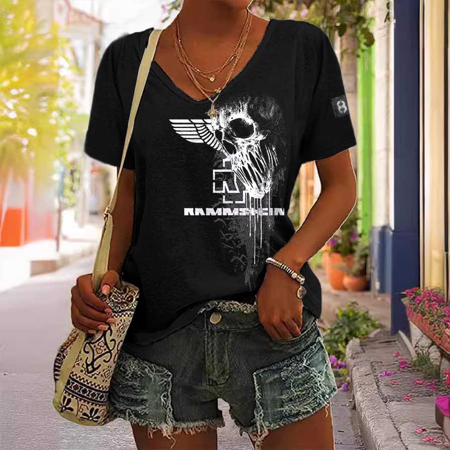 Women's Rammstein Rock Band Skull Print Short Sleeve V-Neck Casual T-Shirt / TECHWEAR CLUB / Techwear