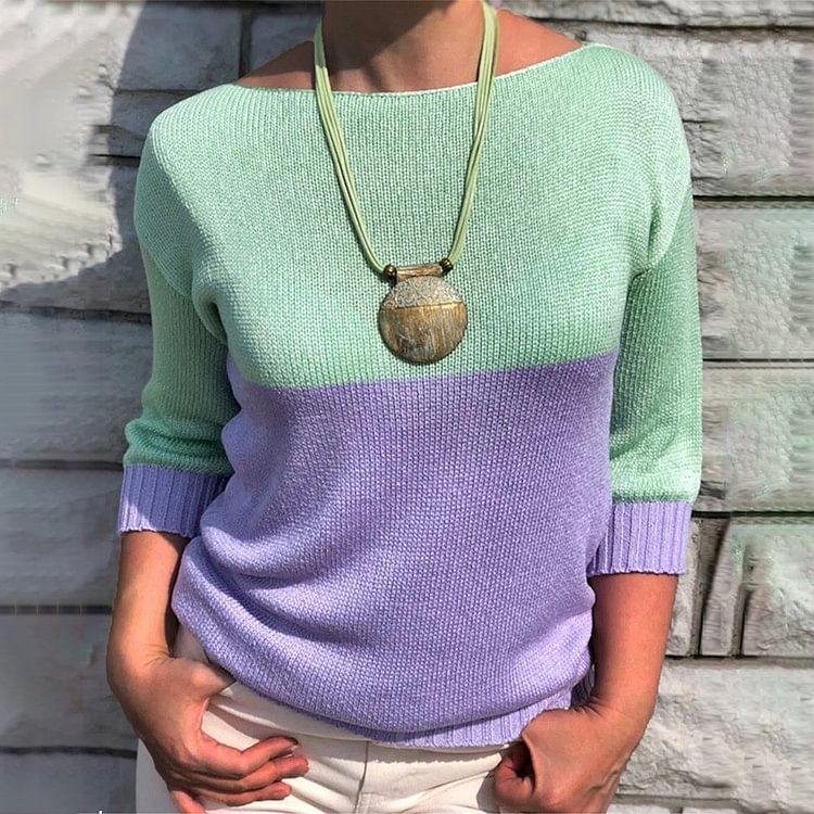Vefave Vintage Colorblock Long Sleeve Crew Neck Sweater