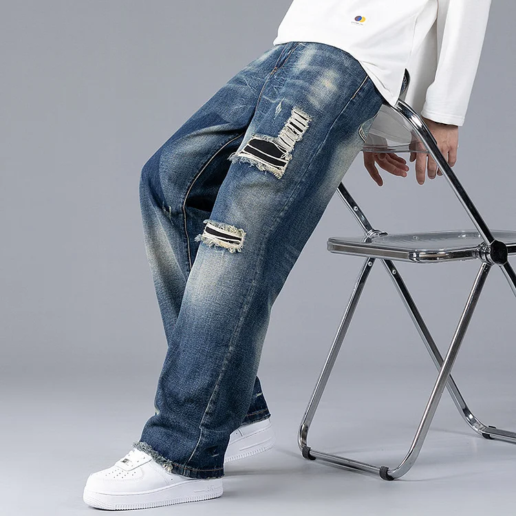 2024 autumn new distressed jeans patch loose straight wide leg trendy casual men's pants_ ecoleips_old