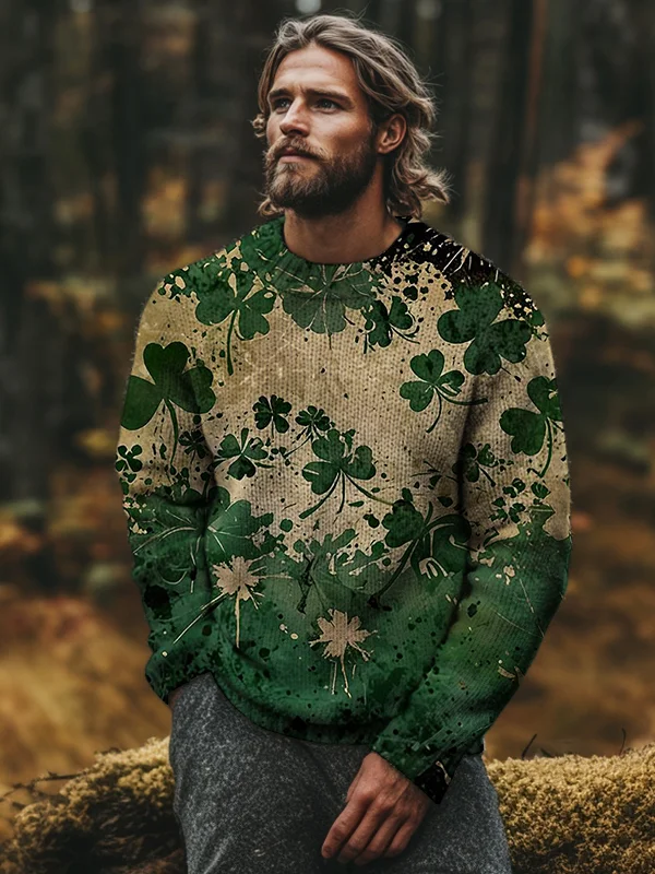 Men's St. Patrick's Day Clover Splash Art Print Knit Sweatshirt