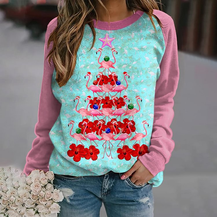 Comstylish Flamingo Christmas Tree Print Sweatshirt