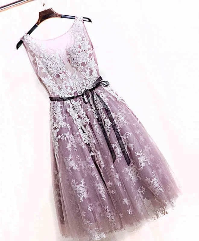 Cute Pink Lace Short Prom Dress, Pink Evening Dress