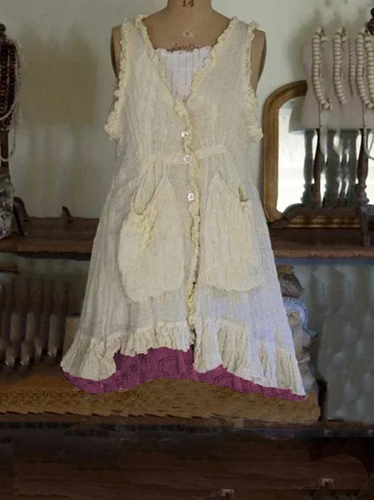 Beige Pockets Sleeveless Vintage Dresses