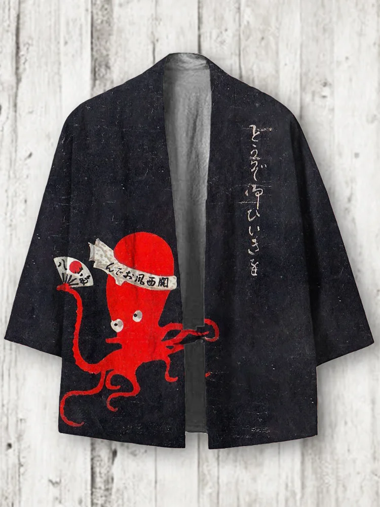 Comstylish Red Octopus Japanese Print Linen Blend Kimono Cardigan