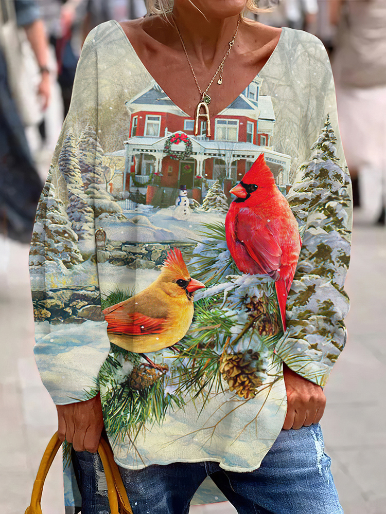 Comstylish Cardinal Christmas Snow Print Women's Long Sleeve TShirt