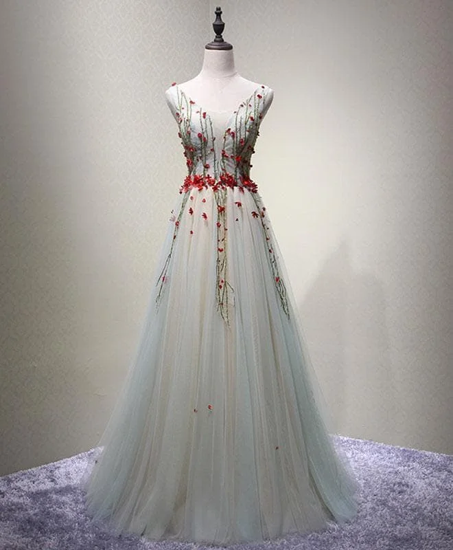 Cute V Neck Tulle Long Prom Dress
