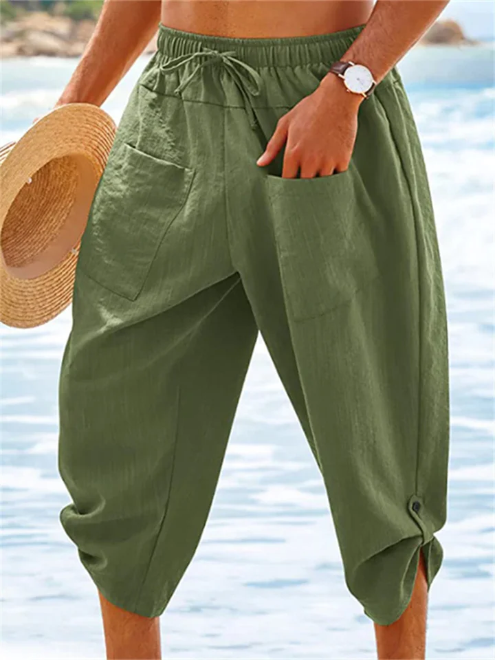 Men's Shorts Linen Shorts Summer Shorts Beach Shorts Capri Pants Drawstring Elastic Waist Front Pocket Plain Comfort Breathable Daily Holiday Going out Linen / Cotton Blend Hawaiian Boho Black Green-JRSEE