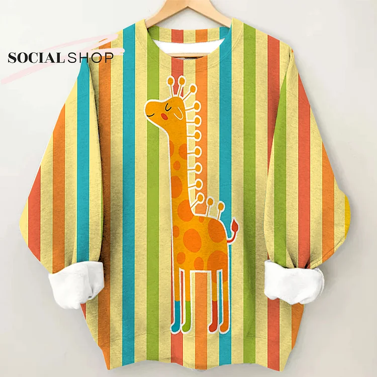 Colorful Striped Cartoon Giraffe Long-Sleeved Round Neck Top socialshop
