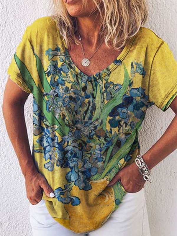 Irises Print V Neck T Shirt