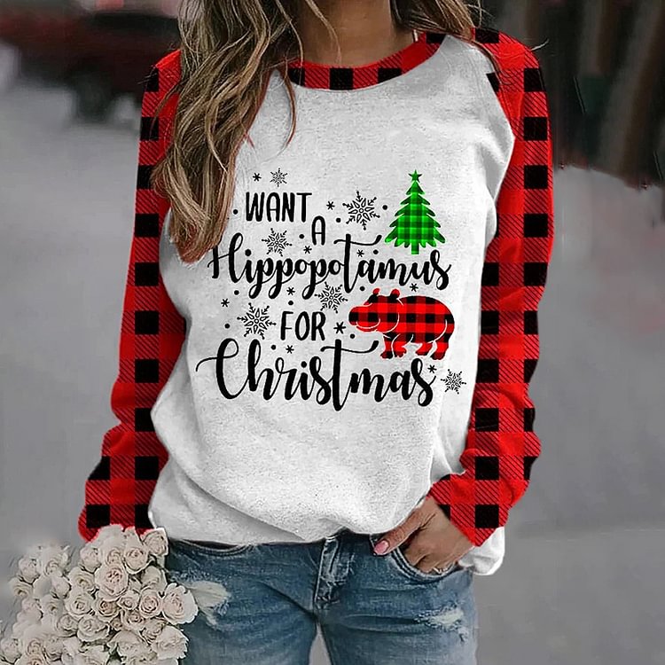 Comstylish Women's I Want A Hippopotamus for Christmas Check Print Sweatshirt