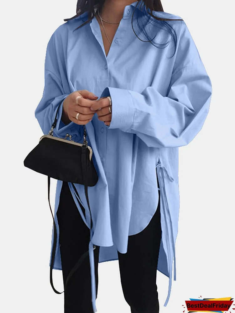 Solid Color Long Sleeve Side Slit Lace-up Irregular Shirt For Women