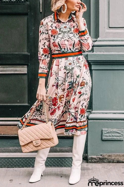 Button Floral Print Long Sleeve Pleated Dress