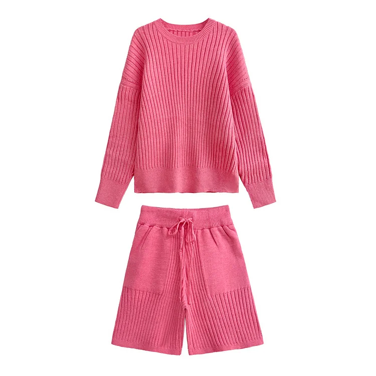 Casual Knit Solid Color Round Neck Sweater and Shorts Suits