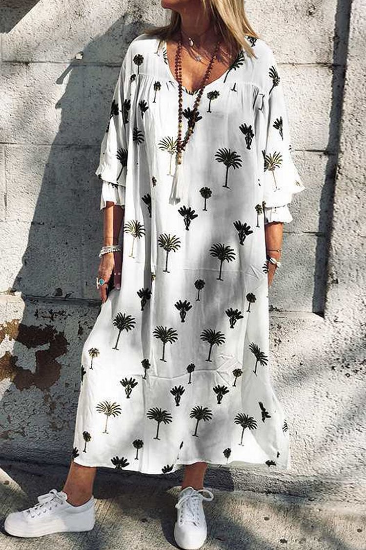 Fashion Casual Print Split Joint V Neck A Line Dresses - Life is Beautiful for You - SheChoic