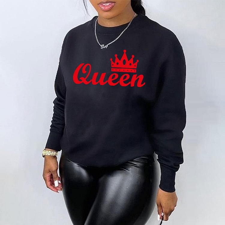 Casual Queen Print Crew Neck Sweatshirt