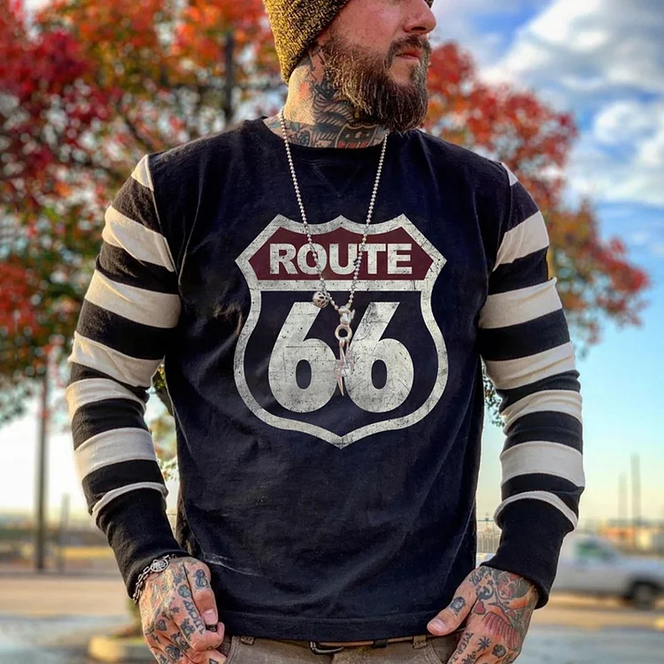 TIMSMEN Route 66 Retro Striped Long Sleeve Casual T-shirt