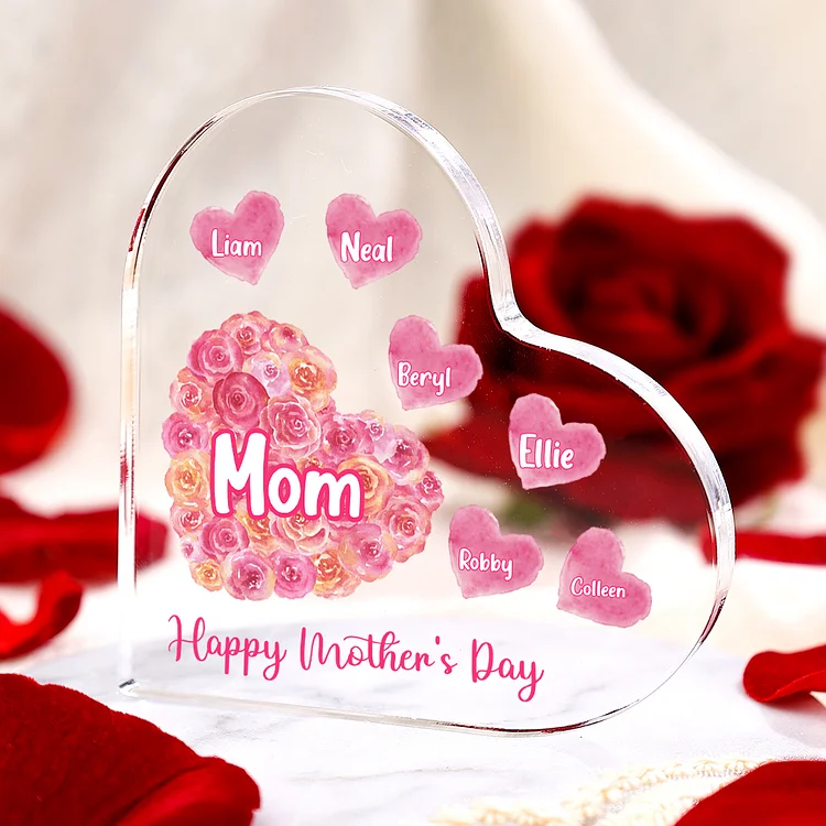 Personalized Texts Acrylic Heart Keepsake Pink Rose Family Custom 1–10 Names Ornaments Gifts For Mother/Grandma