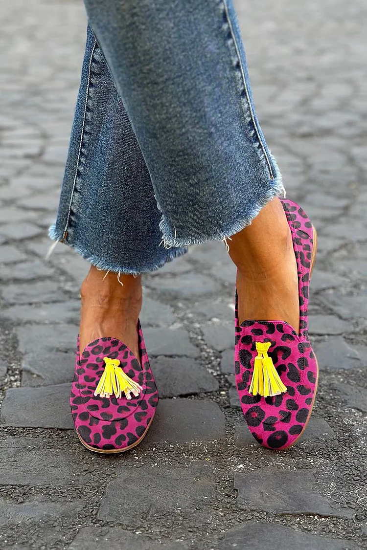 Leopard Print Colorblock Fringed Trim Casual Loafers