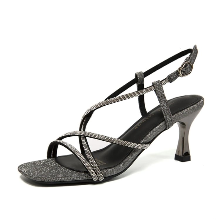 Strappy Square Toe Crystal Heels