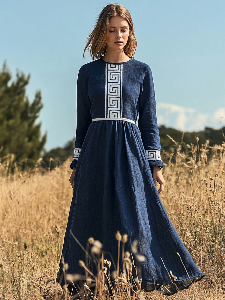 sachin and babi light blue dress Elegant Greek Key Print Midi Dress
