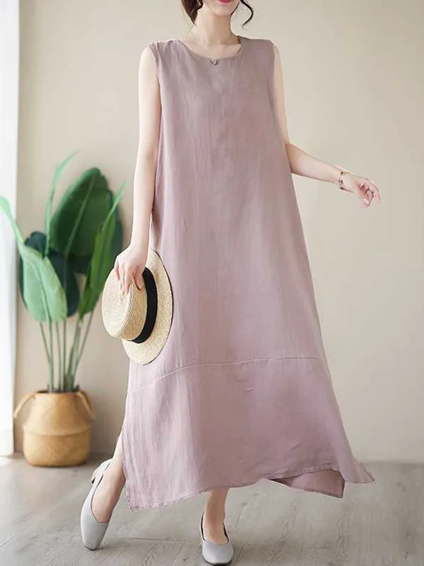 A-Line Loose Solid Color Round-Neck Midi Dresses